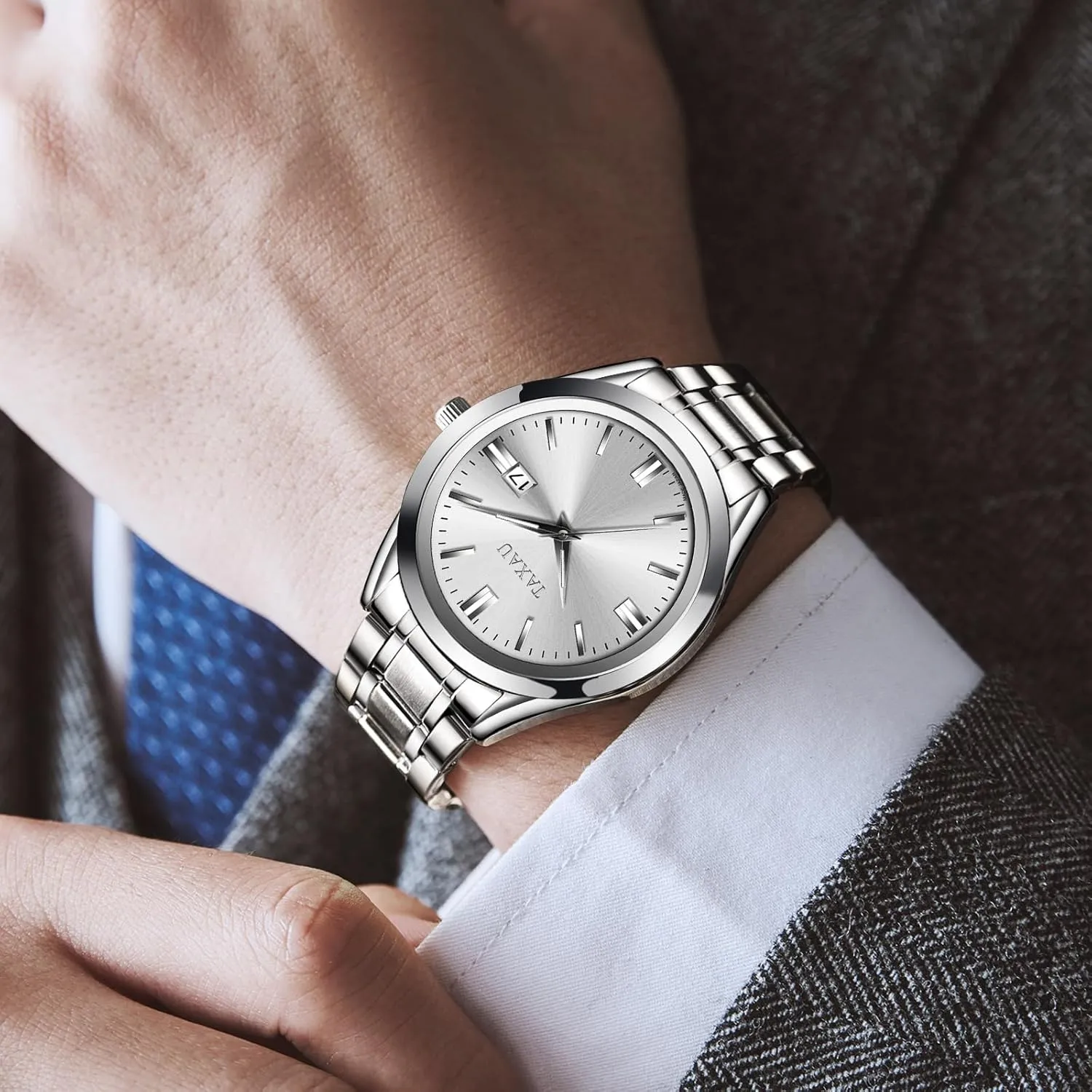 Mens Silver Watch Luxury Minimalist Dress Watch Waterproof Watches for Men Analog Quartz Stainless Steel Men's Wrist Watches with Date Luminous