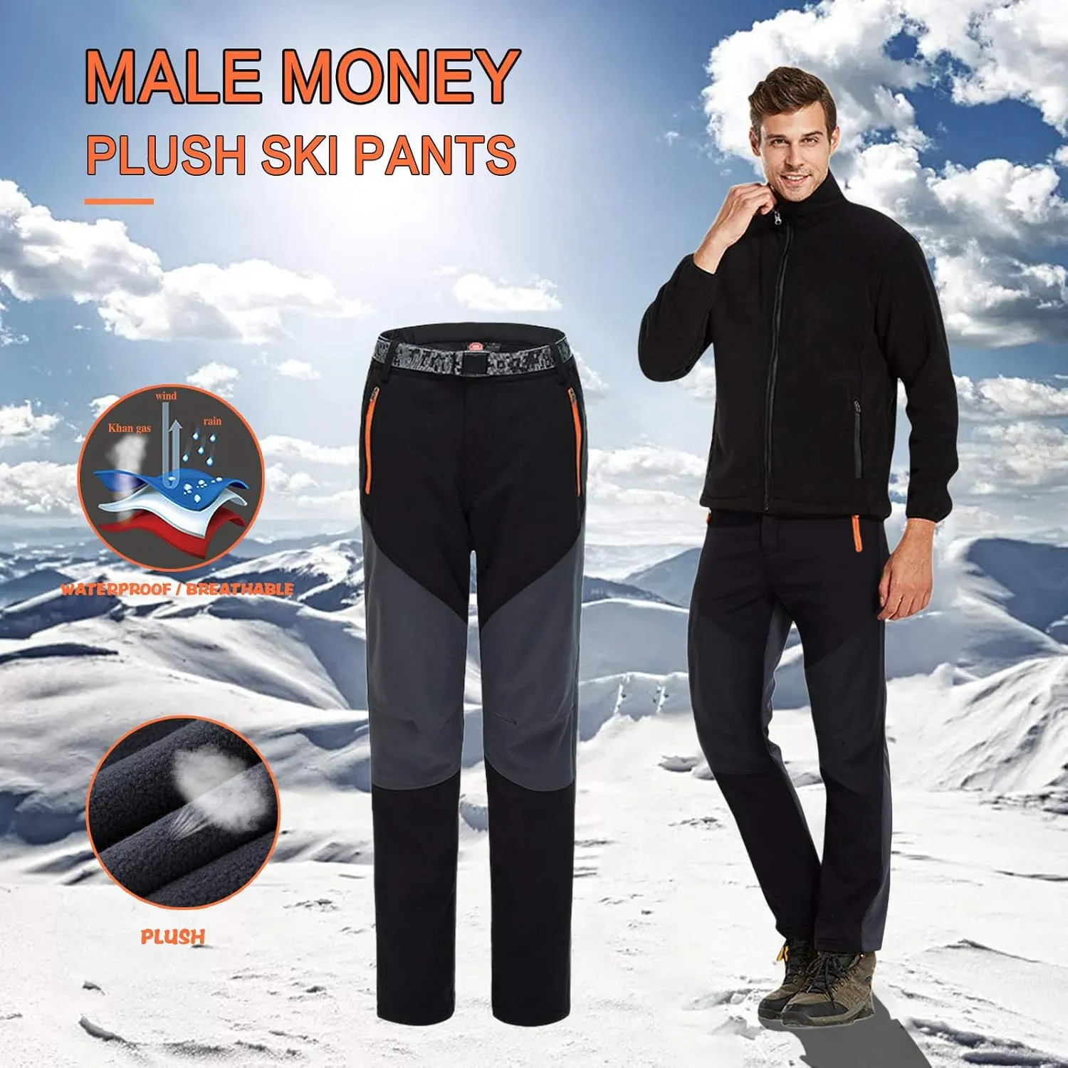 Mens Snow Ski Waterproof Softshell Snowboard Pant Outdoor Windproof Fleece Lined Warm Hiking Ski Snow Pant Camping Pant