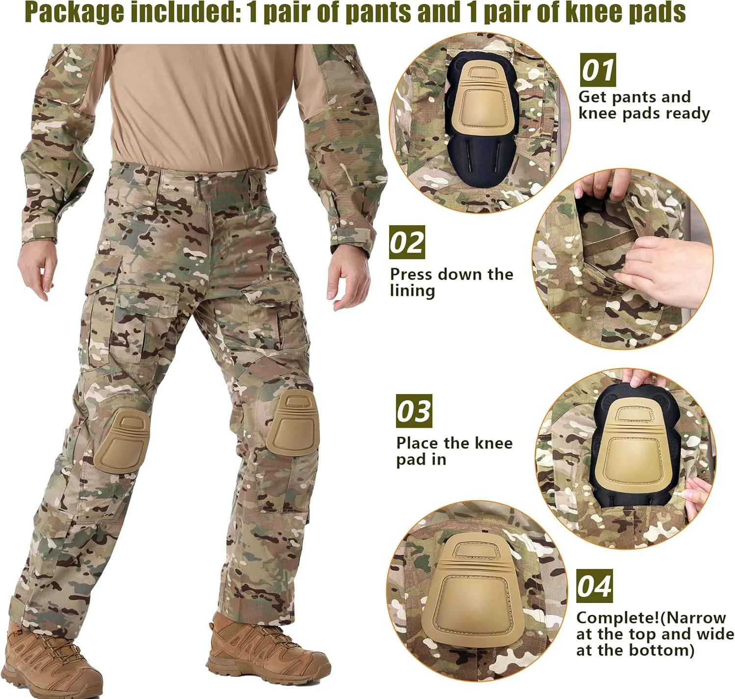 Men’s Tactical Pants with Knee Pads Waterproof G3 Combat Pants Camo Cargo Pants with 10 Pockets No Belt