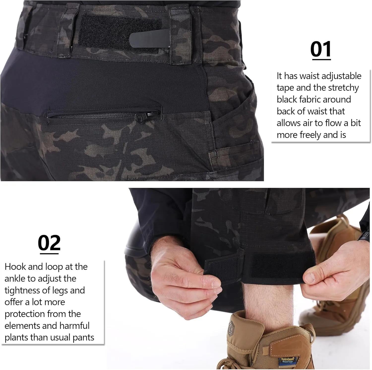 Men’s Tactical Pants with Knee Pads Waterproof G3 Combat Pants Camo Cargo Pants with 10 Pockets No Belt