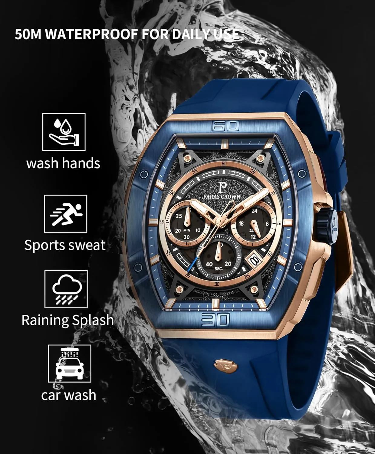Mens Watches Analog Quartz Luxury 50M Waterproof Tonneau Watches for Men Japanese Movement Stainless Steel Case Luminous Sport Watch