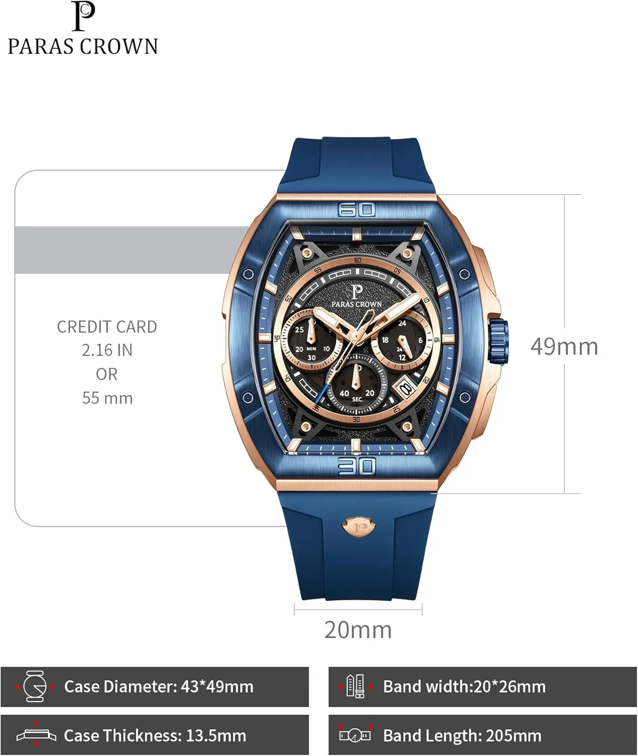 Mens Watches Analog Quartz Luxury 50M Waterproof Tonneau Watches for Men Japanese Movement Stainless Steel Case Luminous Sport Watch