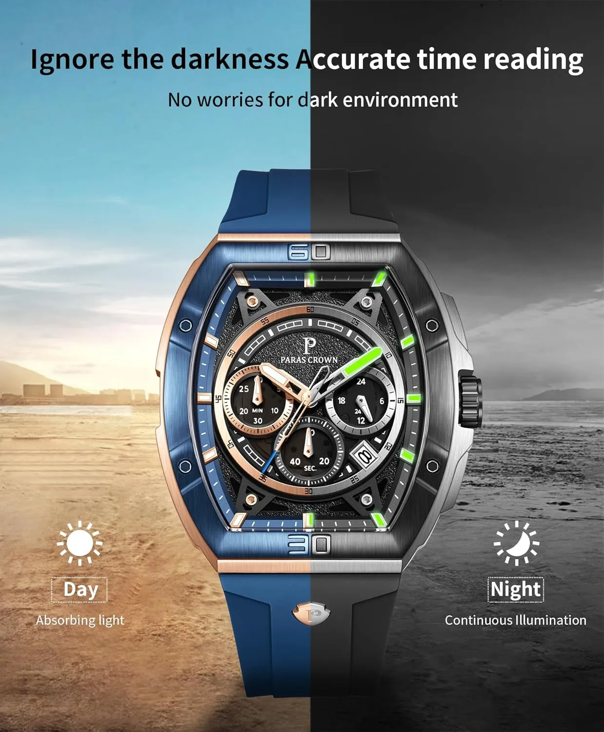 Mens Watches Analog Quartz Luxury 50M Waterproof Tonneau Watches for Men Japanese Movement Stainless Steel Case Luminous Sport Watch