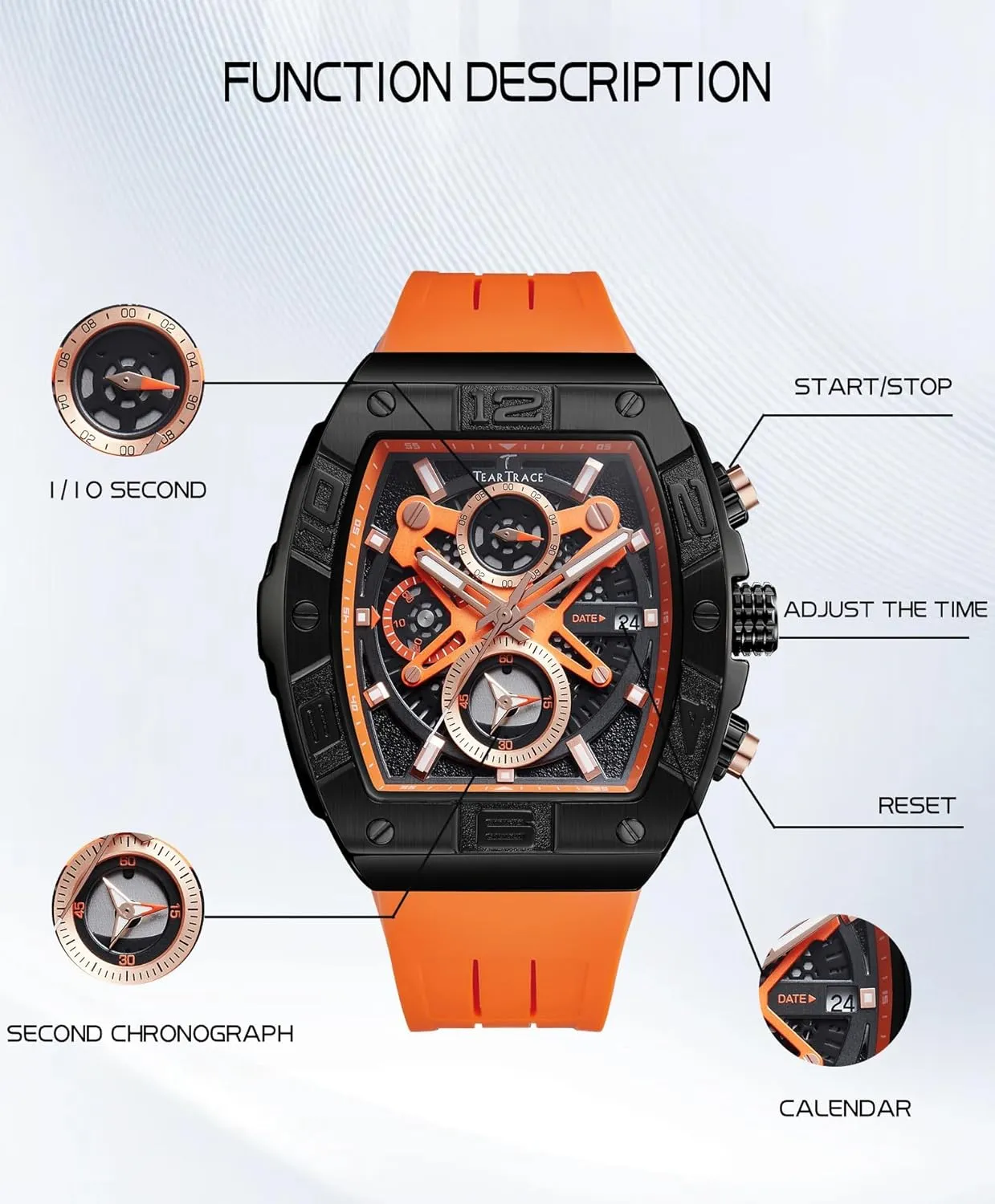 Mens Watches Analog Waterproof Fashion Date Wrist Watch, Skeleton Tonneau Watches for Men with Chronograph,Ideal for Sports Enthusiasts & Daily Wear - Perfect Gifts for Men