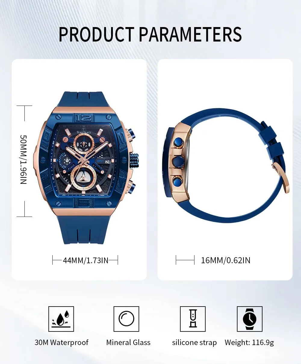 Mens Watches Analog Waterproof Fashion Date Wrist Watch, Skeleton Tonneau Watches for Men with Chronograph,Ideal for Sports Enthusiasts & Daily Wear - Perfect Gifts for Men