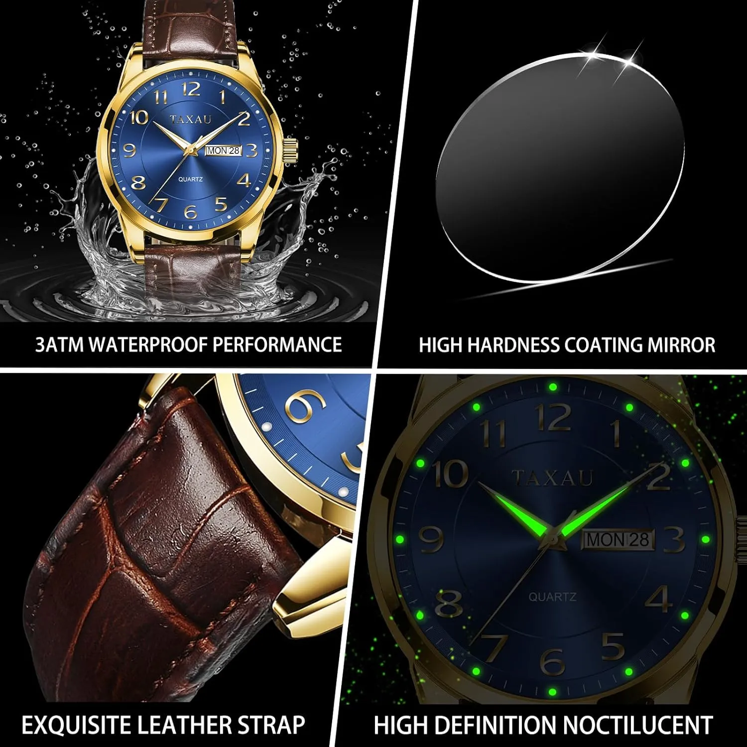 Men's Watches - Fashion Casual Leather Watches Big Face Easy Read Arabic Numerals Quartz Analog Luminous Waterproof Day Date Classic Luxury Dress Wrist Watches