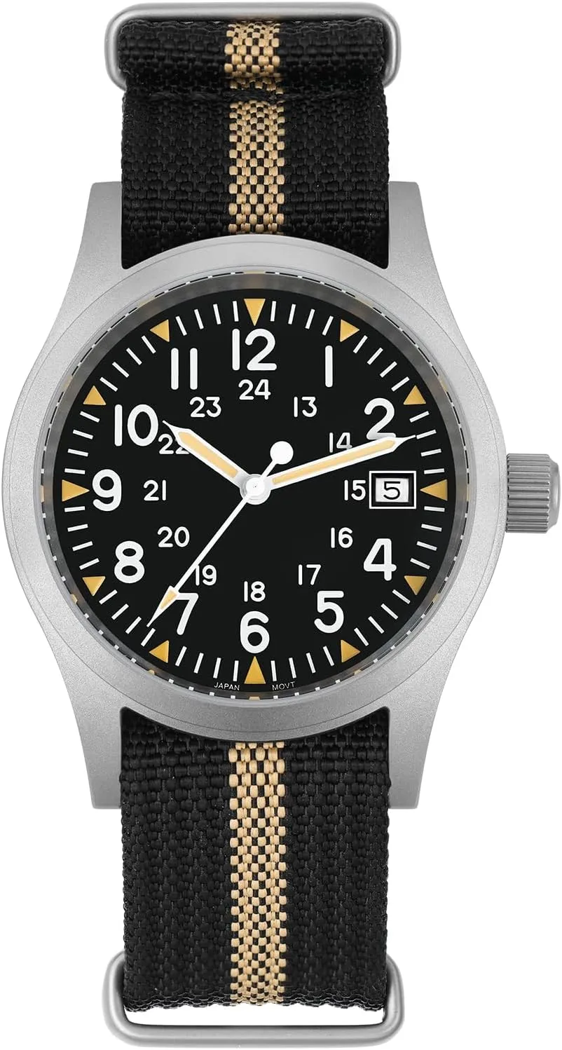 Militado ML05 38mm VH31 Quartz Watch - Domed Sapphire Crystal Field Watch C3 Super Luminous Retro Sweep Wrist Watch for Men 100M Waterproof