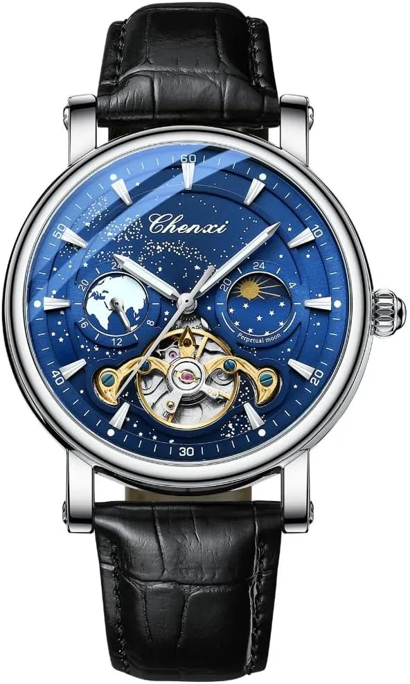 Milky Way Moon Phase Hollow Flywheel Men Mechanical Watch Full Automatic Skeleton Tourbillon Luminous Business Wristwatch