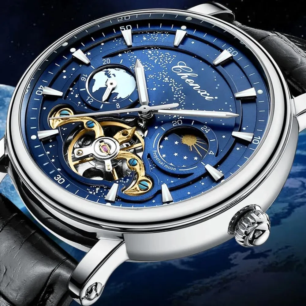 Milky Way Moon Phase Hollow Flywheel Men Mechanical Watch Full Automatic Skeleton Tourbillon Luminous Business Wristwatch