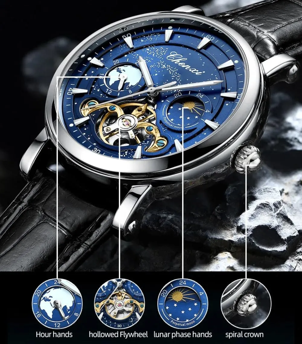 Milky Way Moon Phase Hollow Flywheel Men Mechanical Watch Full Automatic Skeleton Tourbillon Luminous Business Wristwatch