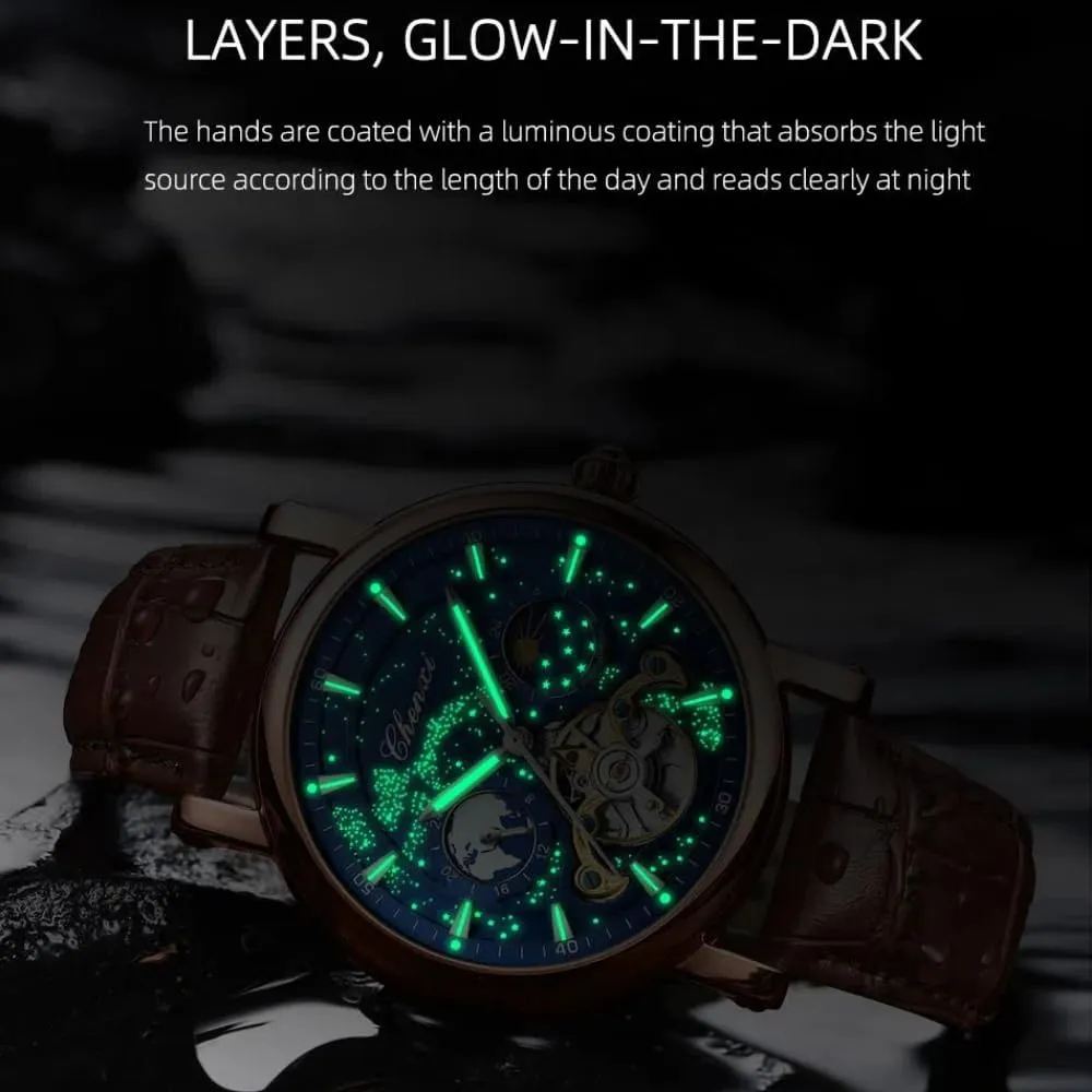 Milky Way Moon Phase Hollow Flywheel Men Mechanical Watch Full Automatic Skeleton Tourbillon Luminous Business Wristwatch