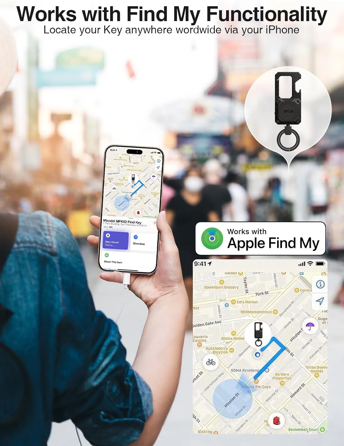 Miroddi Keychain with Smart Tracker, Men's Keychain Works with Find My, Heavy Duty Car Key Chains with Bottle Opener Fob Carabiner, Key Finder, GPS Anti-lost, Rechargeable, Black
