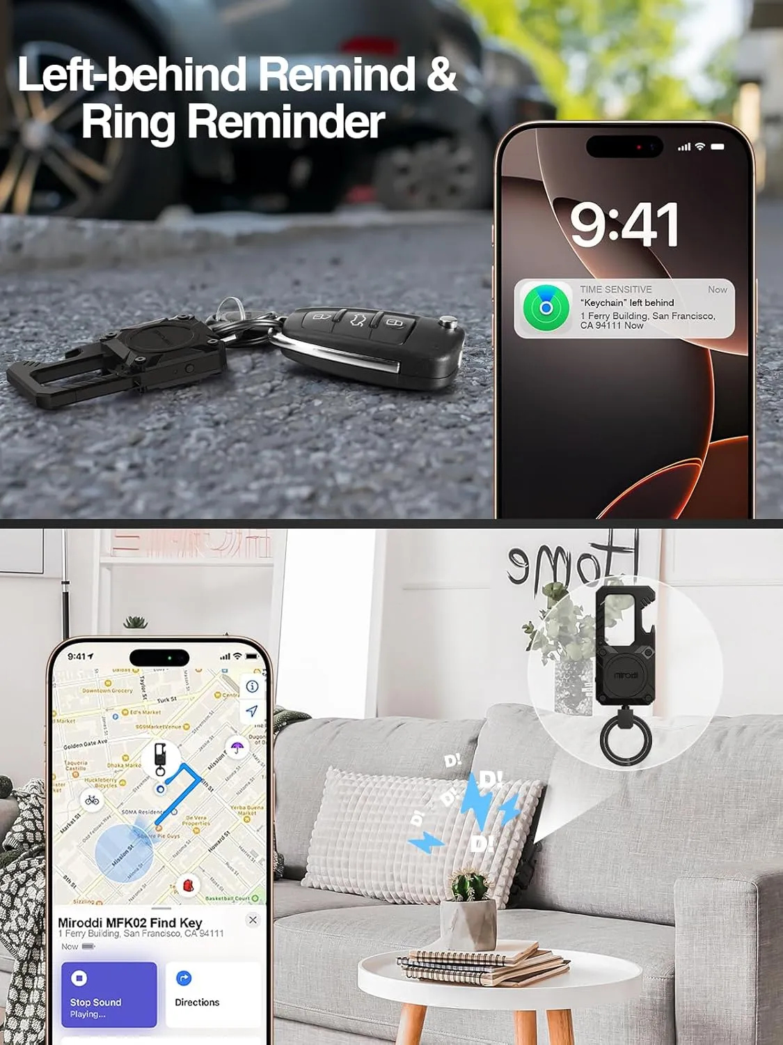 Miroddi Keychain with Smart Tracker, Men's Keychain Works with Find My, Heavy Duty Car Key Chains with Bottle Opener Fob Carabiner, Key Finder, GPS Anti-lost, Rechargeable, Black