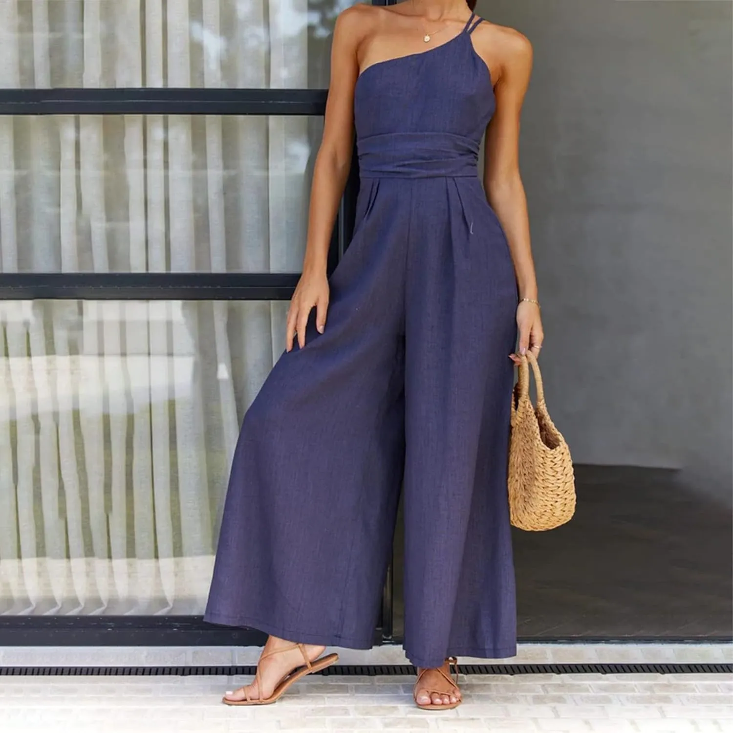Miyaomn Summer Jumpsuits for Women Dressy One Shoulder Straps Slim Fit Ruched High Waist Wide Leg Pants Romper Casual Outfits