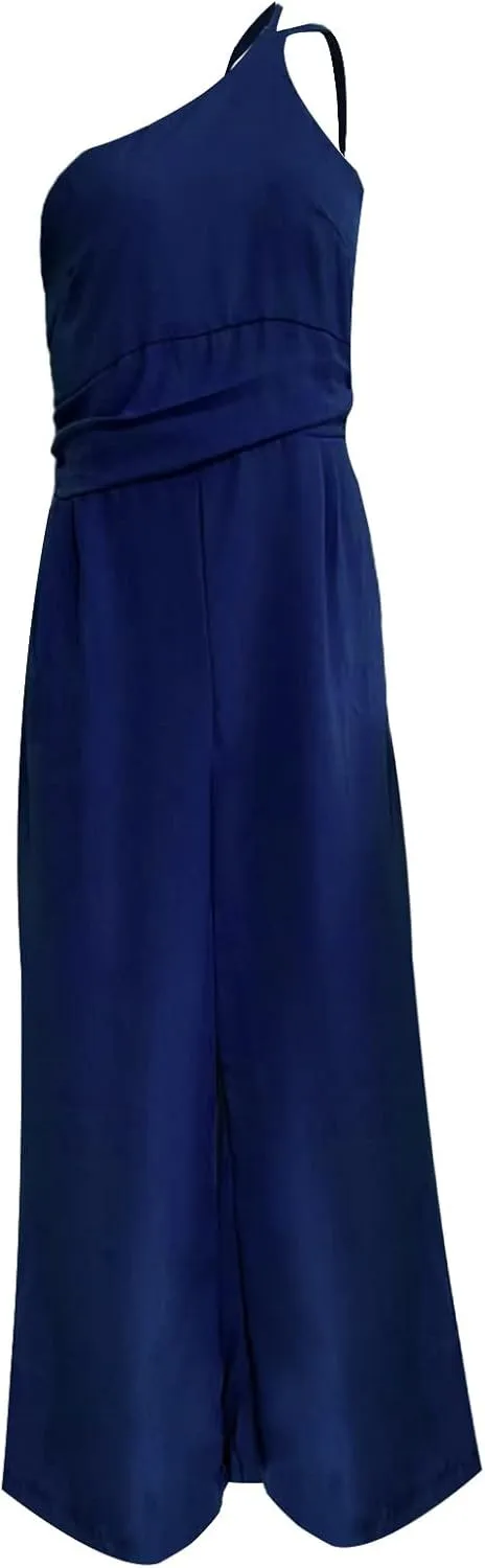 Miyaomn Summer Jumpsuits for Women Dressy One Shoulder Straps Slim Fit Ruched High Waist Wide Leg Pants Romper Casual Outfits