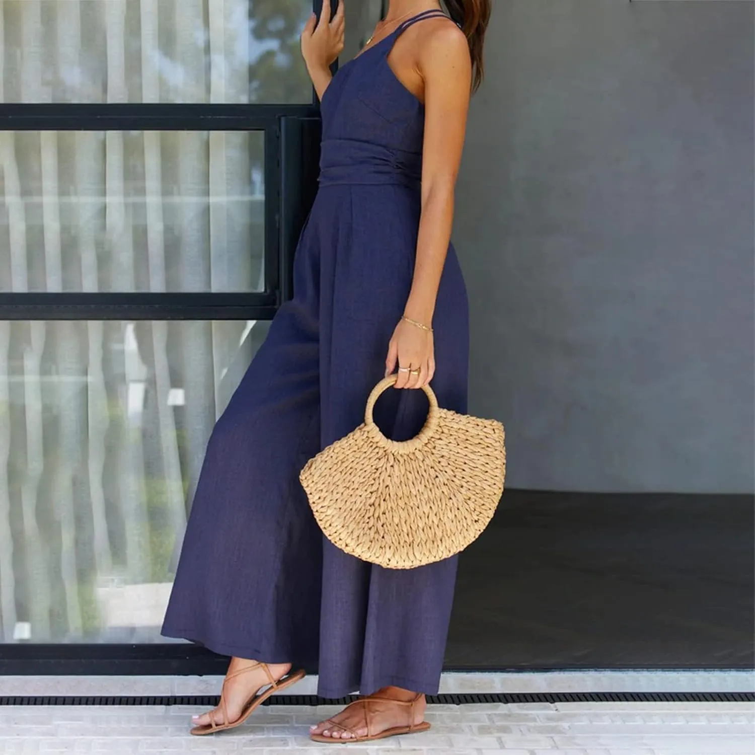 Miyaomn Summer Jumpsuits for Women Dressy One Shoulder Straps Slim Fit Ruched High Waist Wide Leg Pants Romper Casual Outfits