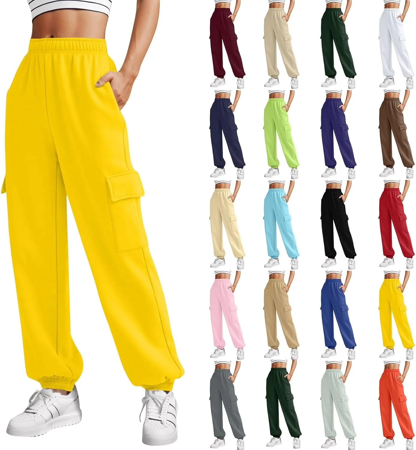 Miyaomn Trendy Sport Running Cargo Joggers for Women Casual Solid Athletic Comfy Elastic High Waisted Cinch Bottom Sweatpants