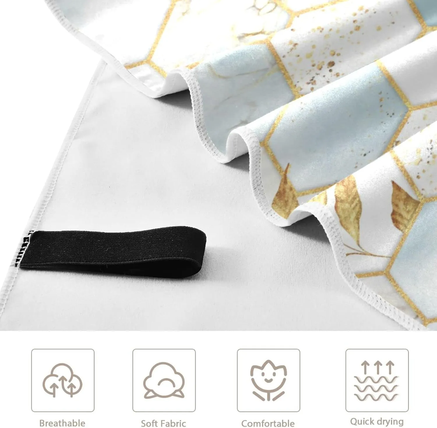 Modern Marbling Gold White Marble Geometric Rhombus with Gold Leaves Quick Drying Beach Towel, Foldable Yoga Towel, Soft Sport Towel, Sweat Absorbent Towel with Storage Mesh Bag 31 x 71 inch (M)
