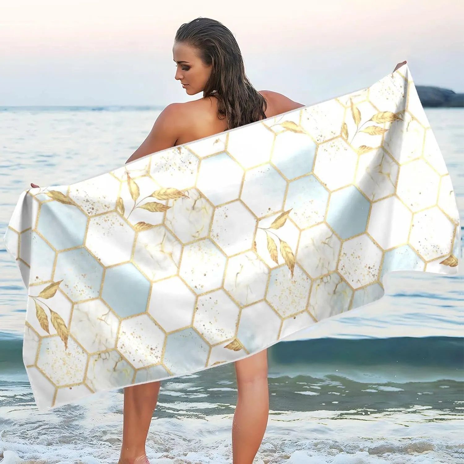 Modern Marbling Gold White Marble Geometric Rhombus with Gold Leaves Quick Drying Beach Towel, Foldable Yoga Towel, Soft Sport Towel, Sweat Absorbent Towel with Storage Mesh Bag 31 x 71 inch (M)