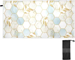 Modern Marbling Gold White Marble Geometric Rhombus with Gold Leaves Quick Drying Beach Towel, Foldable Yoga Towel, Soft Sport Towel, Sweat Absorbent Towel with Storage Mesh Bag 31 x 71 inch (M)