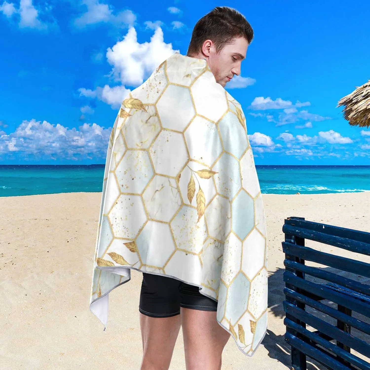 Modern Marbling Gold White Marble Geometric Rhombus with Gold Leaves Quick Drying Beach Towel, Foldable Yoga Towel, Soft Sport Towel, Sweat Absorbent Towel with Storage Mesh Bag 31 x 71 inch (M)
