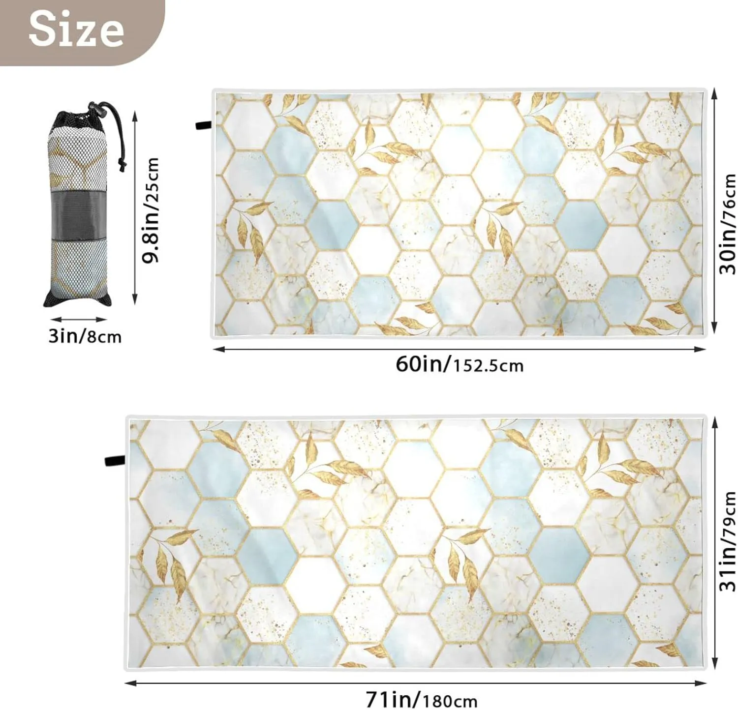 Modern Marbling Gold White Marble Geometric Rhombus with Gold Leaves Quick Drying Beach Towel, Foldable Yoga Towel, Soft Sport Towel, Sweat Absorbent Towel with Storage Mesh Bag 31 x 71 inch (M)