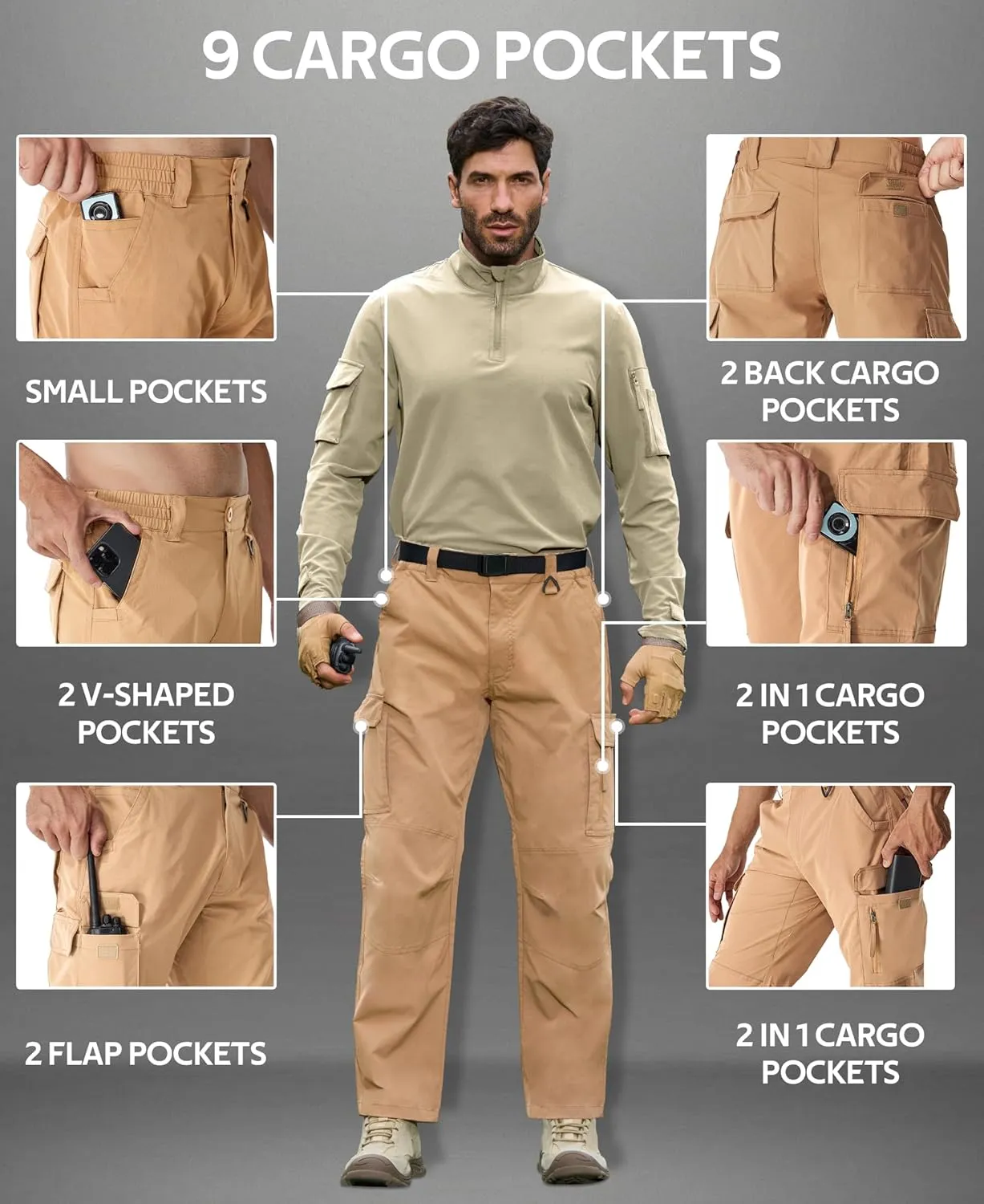 MOURCE Ripstop Tactical Pants for Men Stretch Breathable - Lightweight Quick Dry Mens Hiking Pants with 9 Pockets