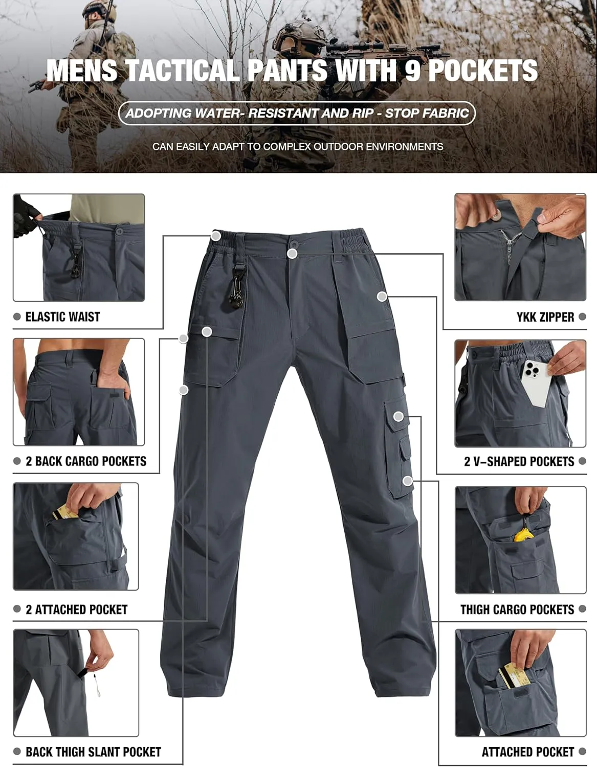 MOURCE Tactical Pants for Men Ripstop - Water Resistant Mens Work Pants Lightweight Quick Dry with 9 Pockets