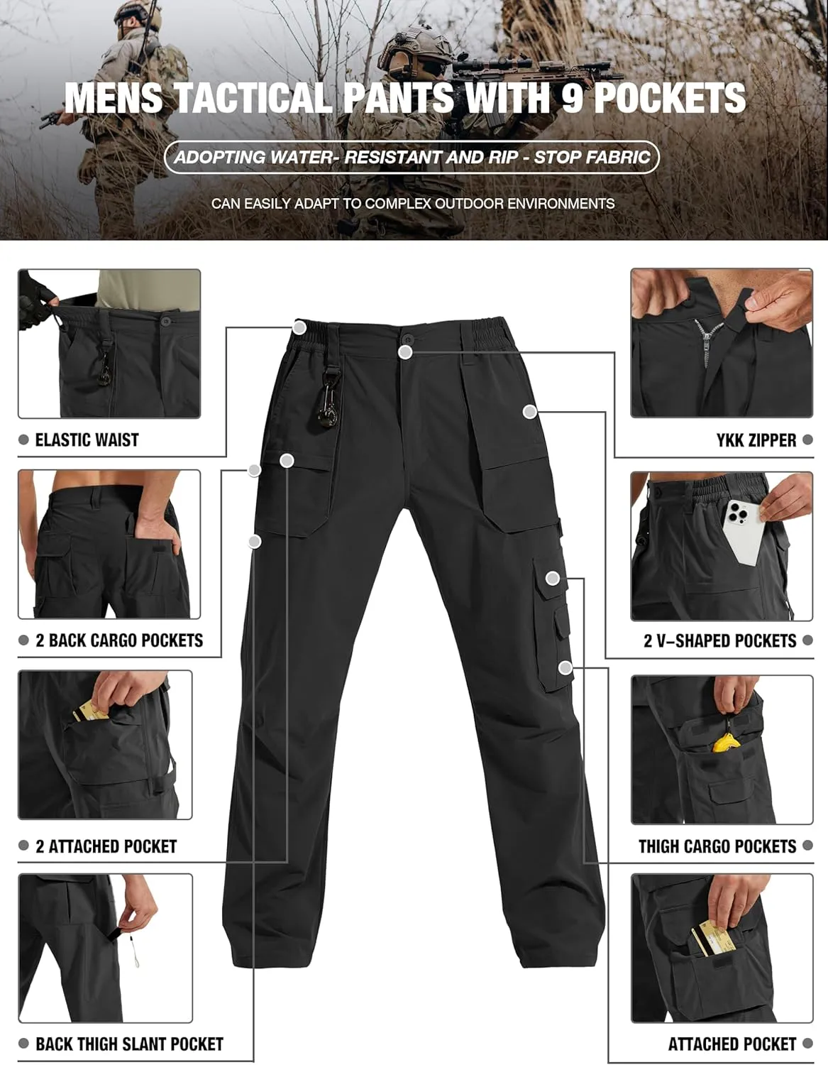 MOURCE Tactical Pants for Men Ripstop - Water Resistant Mens Work Pants Lightweight Quick Dry with 9 Pockets