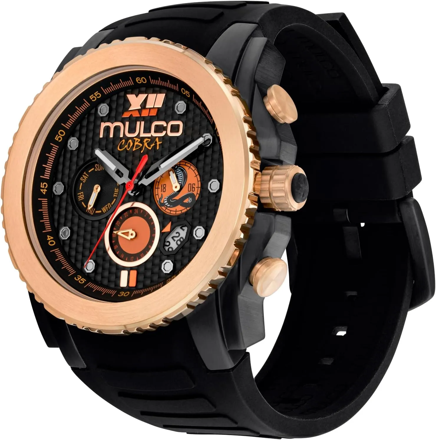 MULCO Watches for Men - Cobra, Stainless Steel Case with White Wrist Silicone Band, Quartz Multifunctional Movement, Large Face Premium Analog Display, 100m Water Resistant - Waterproof