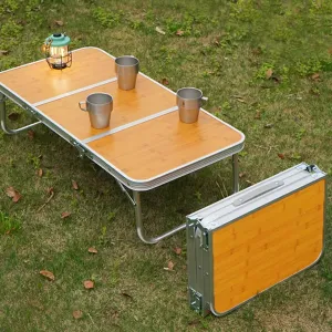 Multifunctional Camping Table, Foldable Aluminum Bamboo Picnic Desk，3-Fold Design, 35"x18" Expanded, 18" Folded，40lbs Load, Non-Slip, Portable for Camping/Hiking/BBQ, Indoor/Outdoor Use