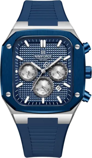 NAVIFORCE Mens Square Chronograph Watch Analog Calendar Quartz Waterproof Watches with Silicone Band for Sports NF8037 (Silver Blue)