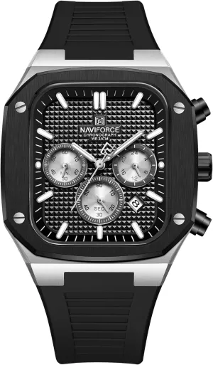 NAVIFORCE Mens Square Chronograph Watch Analog Calendar Quartz Waterproof Watches with Silicone Band for Sports (Silver Black)