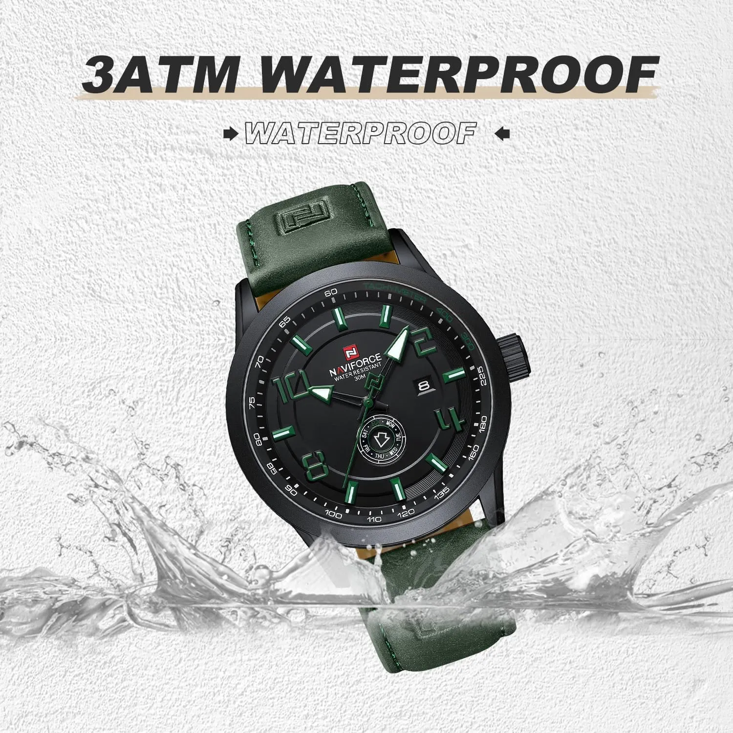 NAVIFORCE Sport Watches for Men Leather Band Waterproof Quartz Analog Wristwatch Easy to Read with Auto Date
