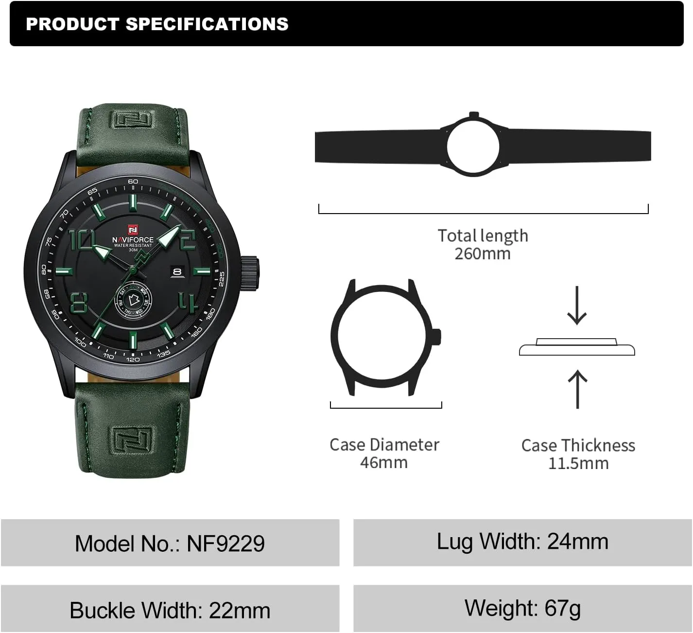 NAVIFORCE Sport Watches for Men Leather Band Waterproof Quartz Analog Wristwatch Easy to Read with Auto Date