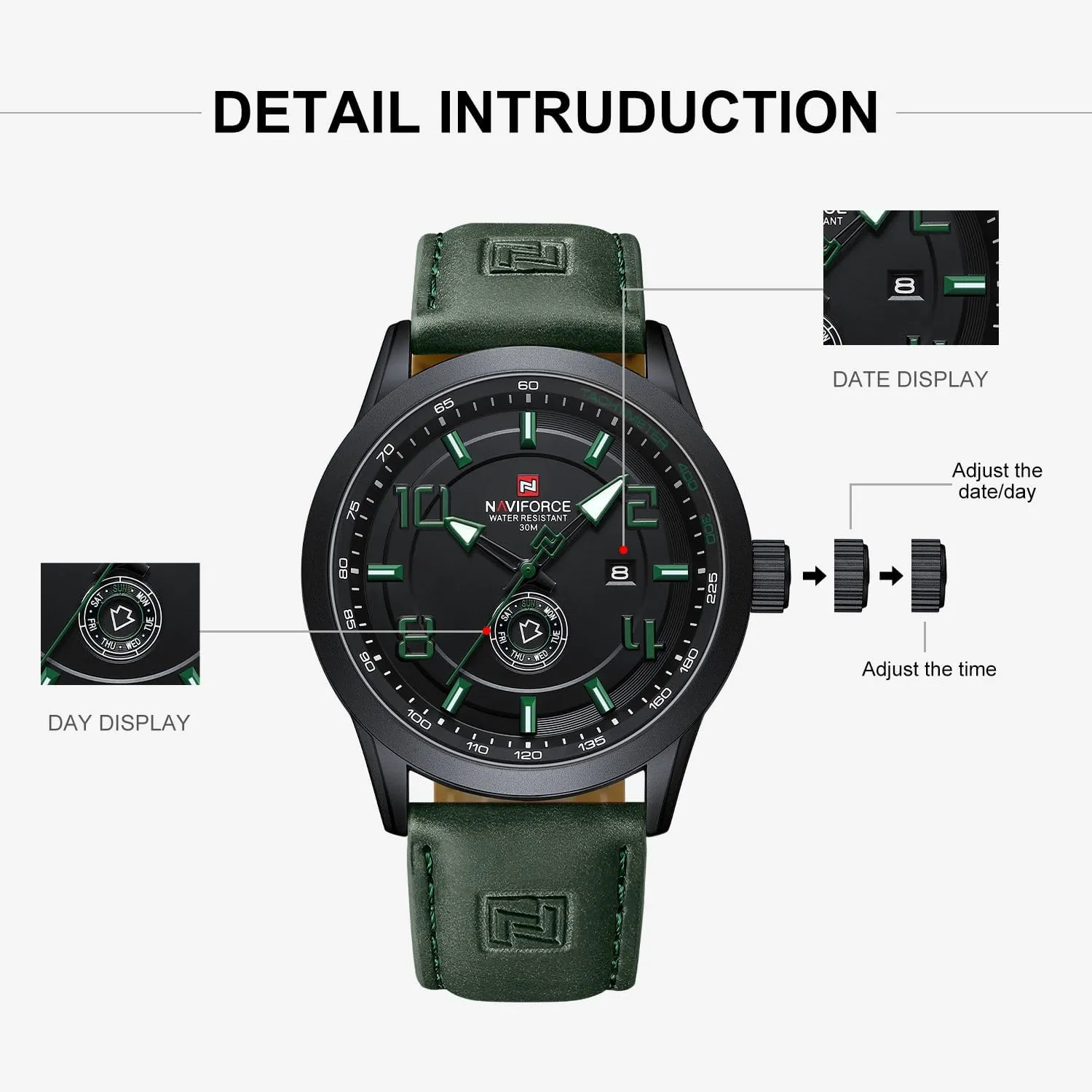 NAVIFORCE Sport Watches for Men Leather Band Waterproof Quartz Analog Wristwatch Easy to Read with Auto Date