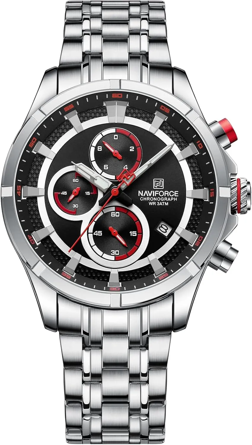 NAVIFORCE Watches for Men Big Face Analog Quartz Business Dress Chronograph Multifunction Stainless Steel Calendar Waterproof Luminous Mens Wrist Watch (Silver Black)