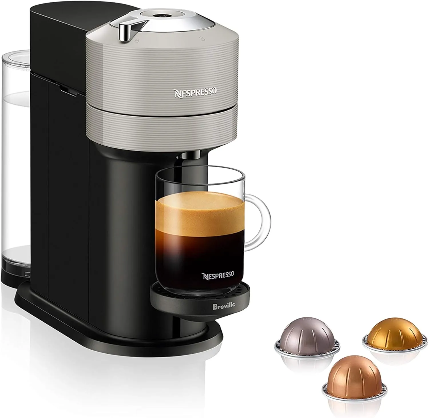 Nespresso Vertuo Next Coffee and Espresso Maker by Breville, with Aeroccino Milk Frother, Light Grey