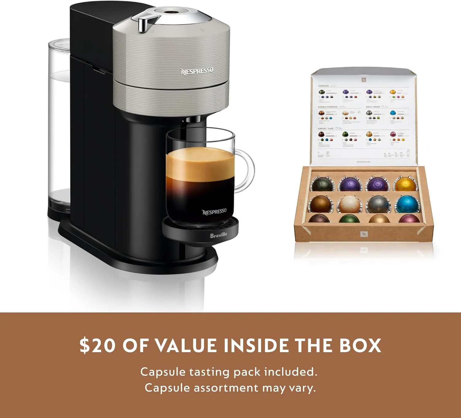 Nespresso Vertuo Next Coffee and Espresso Maker by Breville, with Aeroccino Milk Frother, Light Grey