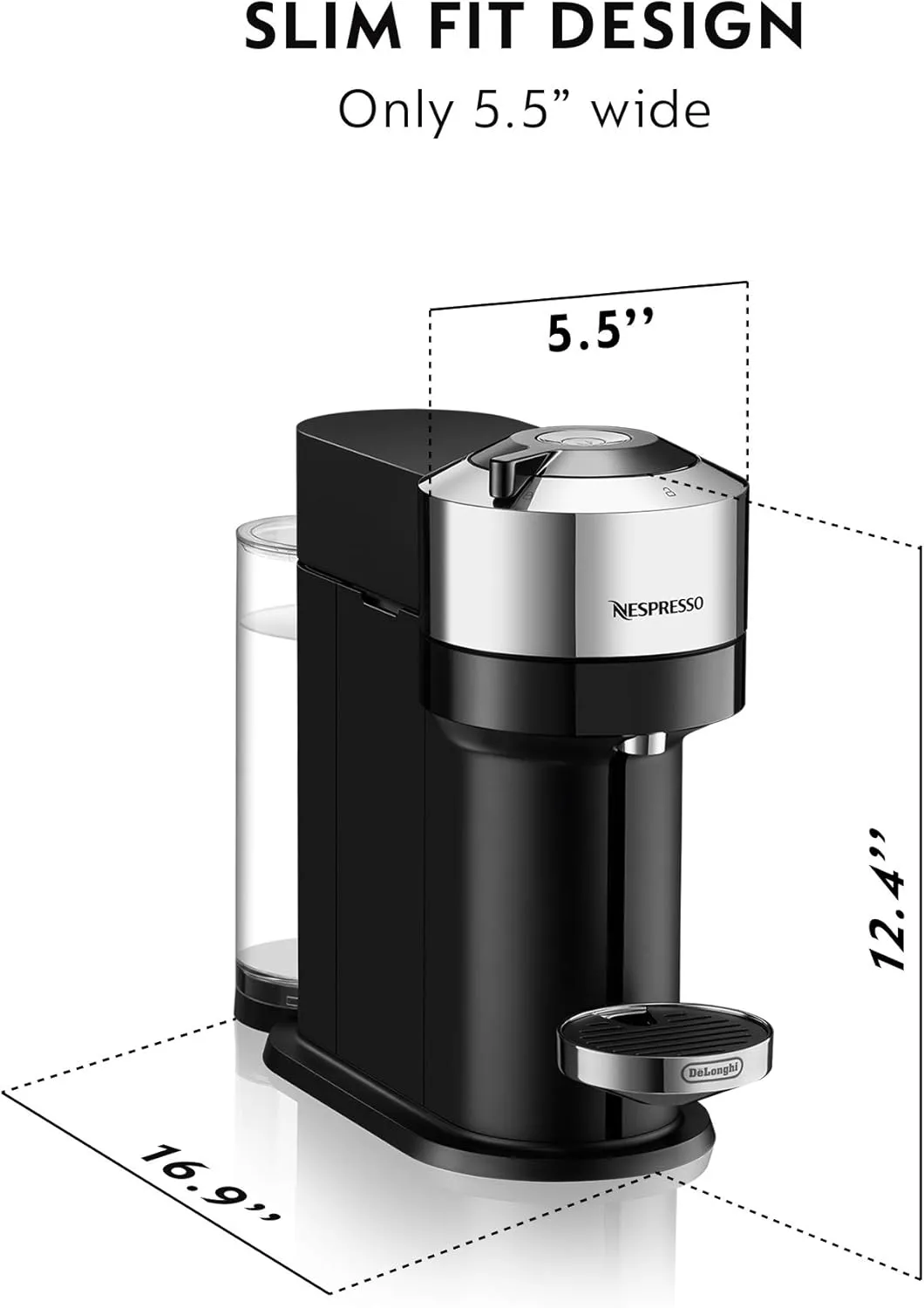 Nespresso Vertuo Next Deluxe Coffee and Espresso Machine by De'Longhi, Chrome