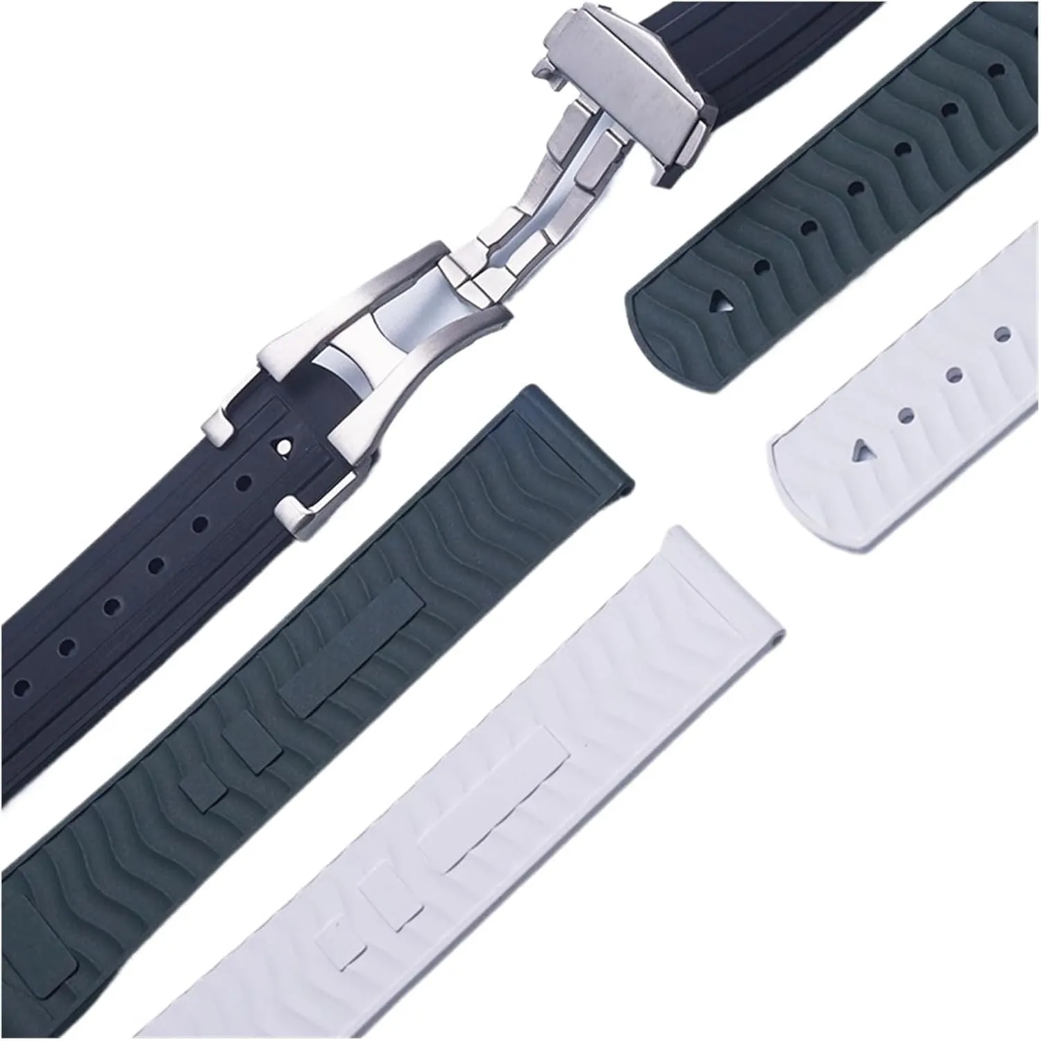 New Soft FKM Fluororubber 20mm Curved End For Replacing Diving Strap With Folding Buckle