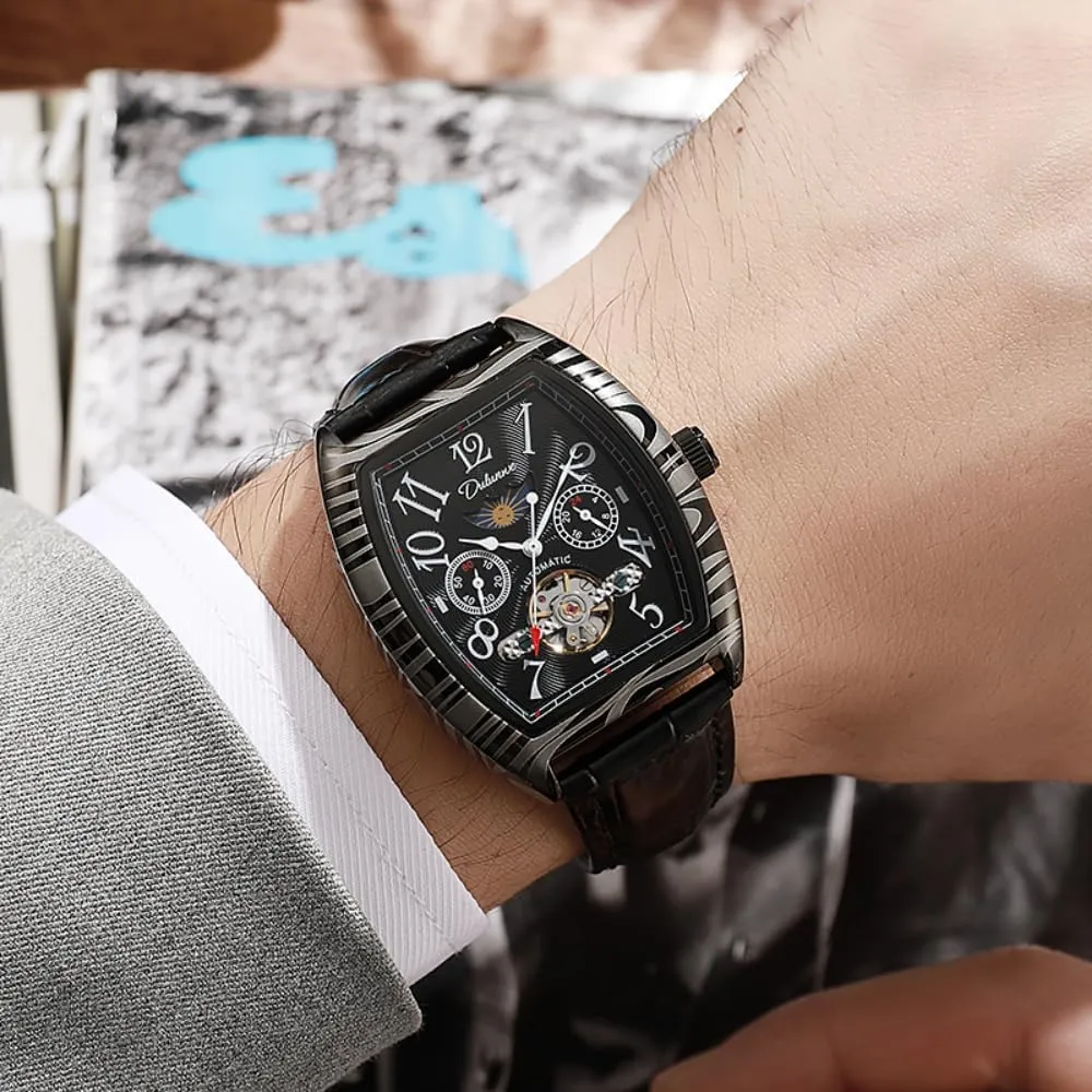 New Wine Barrel Type Tourbillon Mechanical Watch for Men Fashion Luxury Black Steel Waterproof Moon Phases Automatic Leather Watch Waterproof Sports Clock