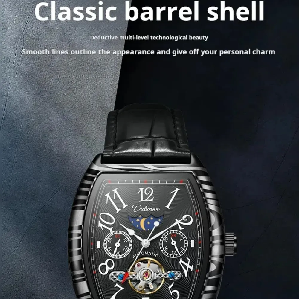 New Wine Barrel Type Tourbillon Mechanical Watch for Men Fashion Luxury Black Steel Waterproof Moon Phases Automatic Leather Watch Waterproof Sports Clock