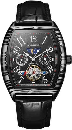 New Wine Barrel Type Tourbillon Mechanical Watch for Men Fashion Luxury Black Steel Waterproof Moon Phases Automatic Leather Watch Waterproof Sports Clock