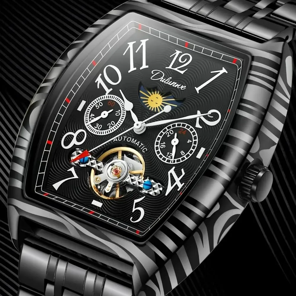 New Wine Barrel Type Tourbillon Mechanical Watch for Men Fashion Luxury Black Steel Waterproof Moon Phases Automatic Leather Watch Waterproof Sports Clock