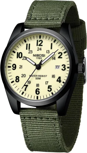 NIBOSI Mens Watches Analog Military Watch with Calendar Luminous Dial Green Nylon Strap Waterproof Men's Wrist Watches Vintage Army Classic Dainty Dress Designer Quartz Watches for Men