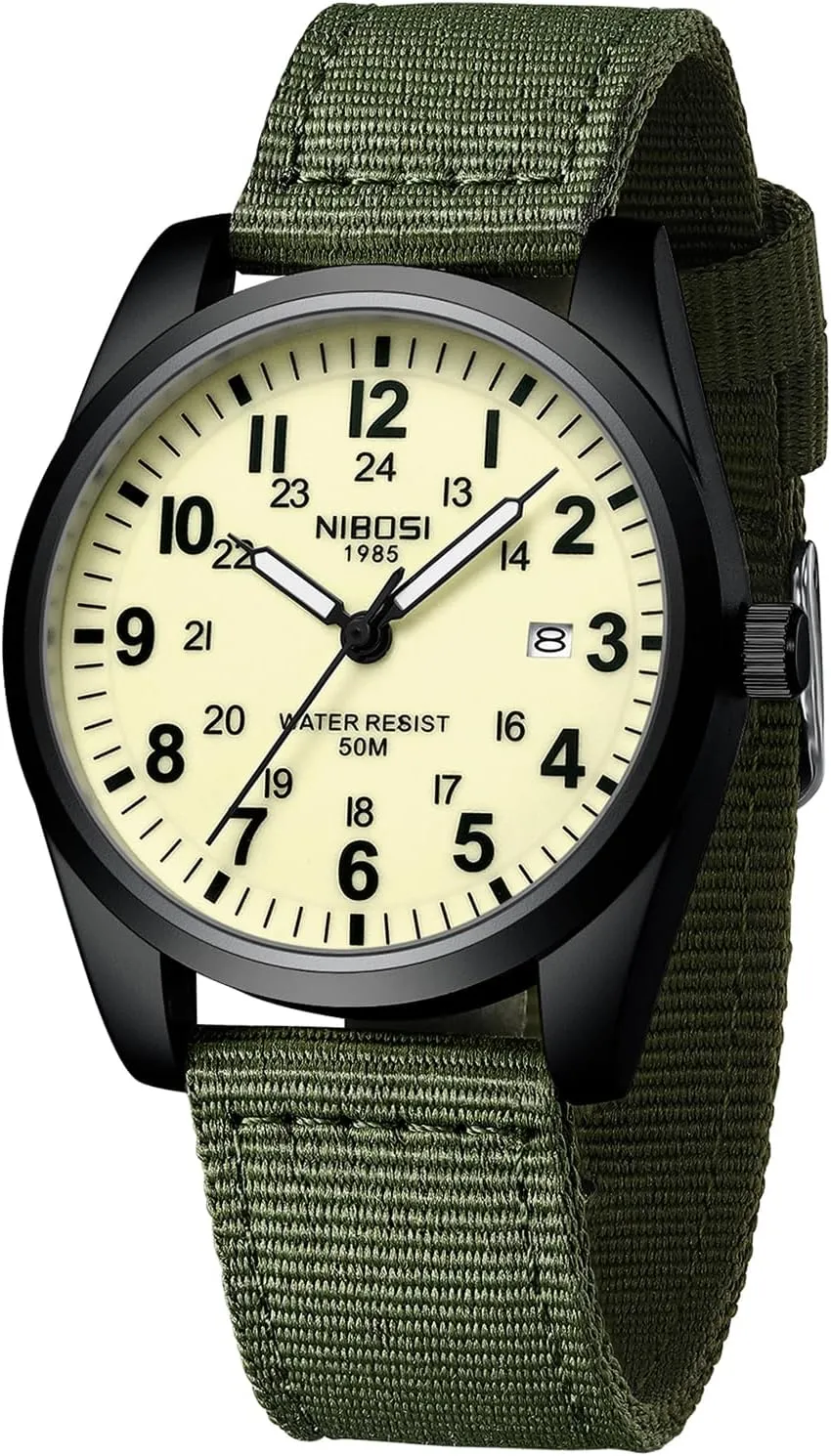 NIBOSI Mens Watches Analog Military Watch with Calendar Luminous Dial Green Nylon Strap Waterproof Men's Wrist Watches Vintage Army Classic Dainty Dress Designer Quartz Watches for Men