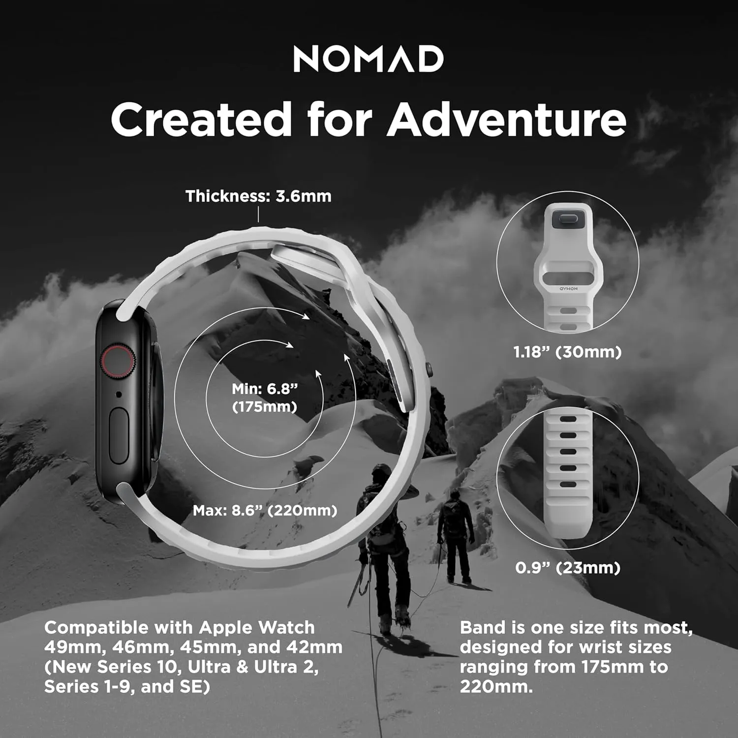 NOMAD Sport Band V2 | Unisex, Sport Loop Watch Band | Fluororubber, Black, 22mm, 42/44/45/49mm, Waterproof