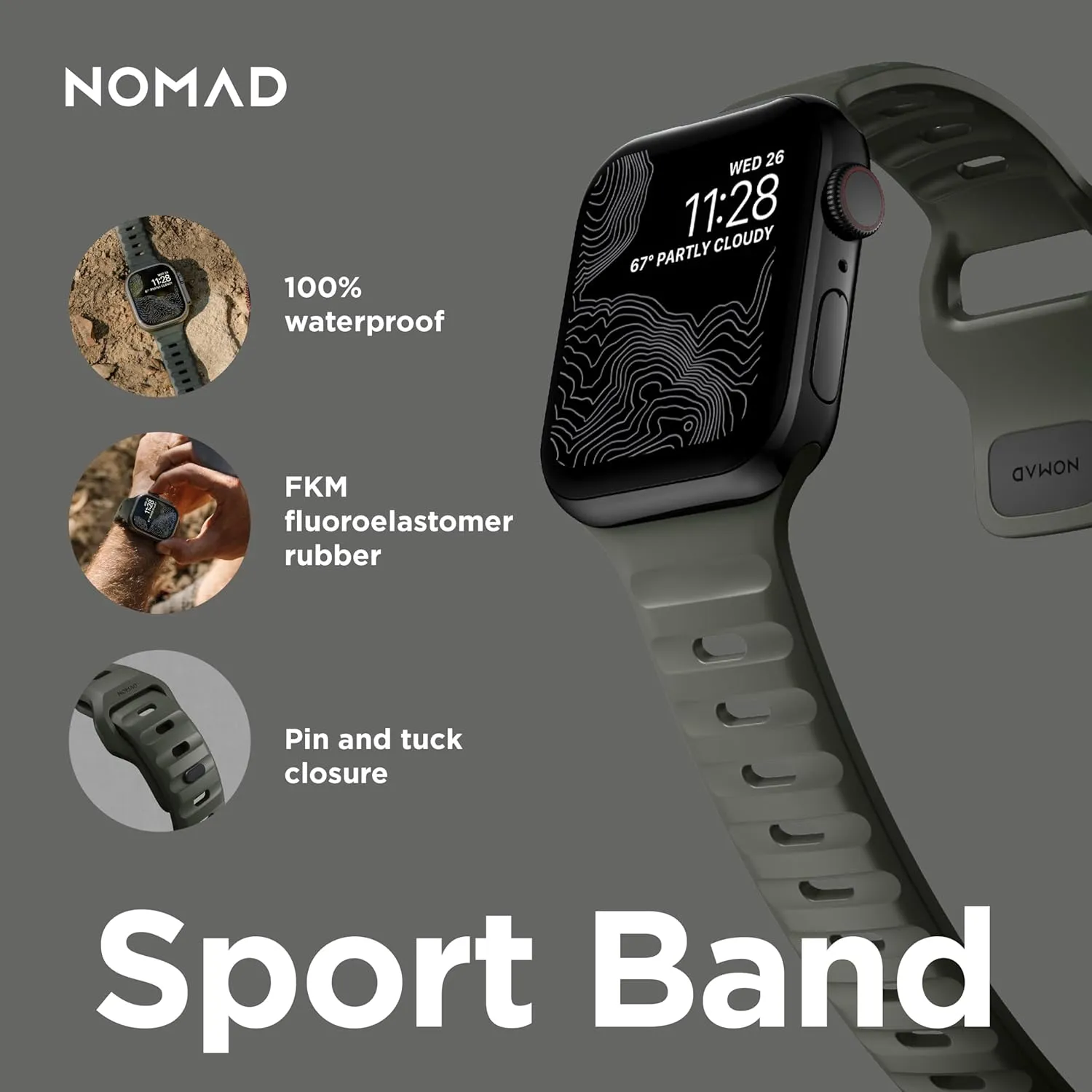 NOMAD Sport Band V2 | Unisex, Sport Loop Watch Band | Fluororubber, Black, 22mm, 42/44/45/49mm, Waterproof
