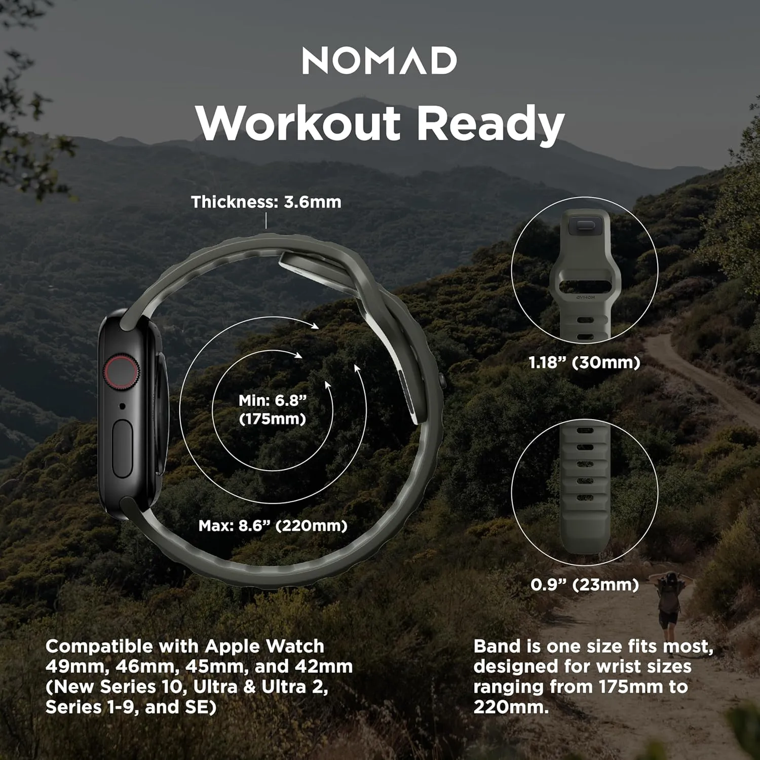NOMAD Sport Band V2 | Unisex, Sport Loop Watch Band | Fluororubber, Black, 22mm, 42/44/45/49mm, Waterproof